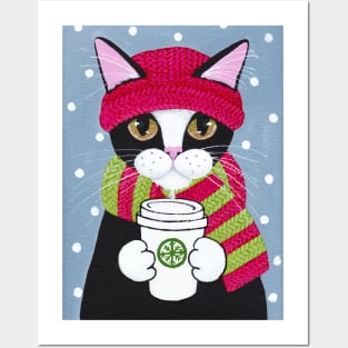 Winter Coffee Tuxedo Cat Posters and Art